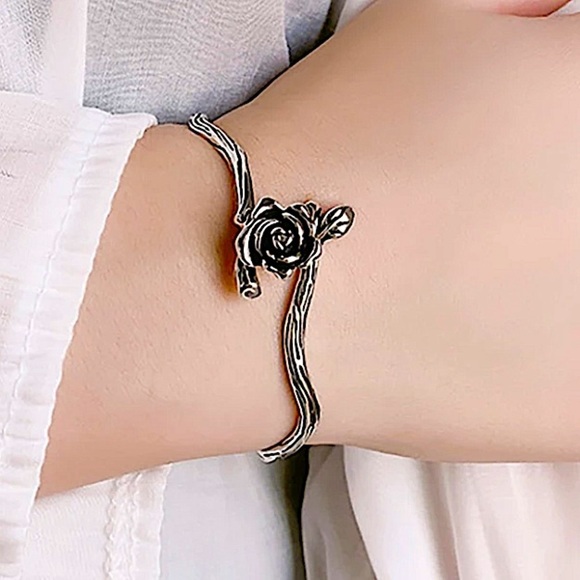 Rose Flower Sterling Silver Bangle Bracelet - Picture 3 of 6